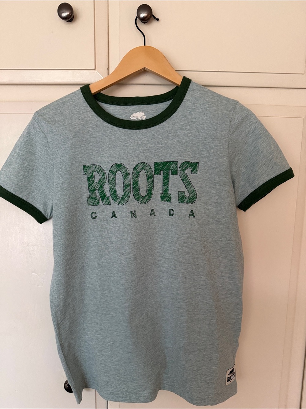 Roots Heathered Light Green Tee with Dark Green Trim
